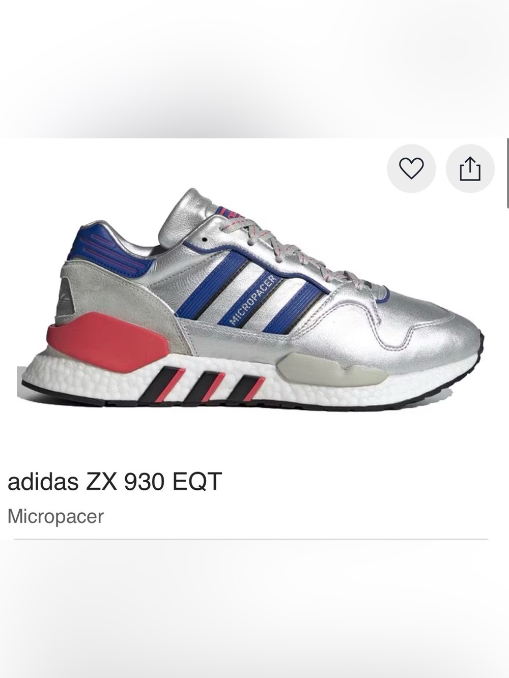 adidas ZX 930 EQT Micropacer Sneaker Silver Metallic/Blue/Red M 6/ W 7.5